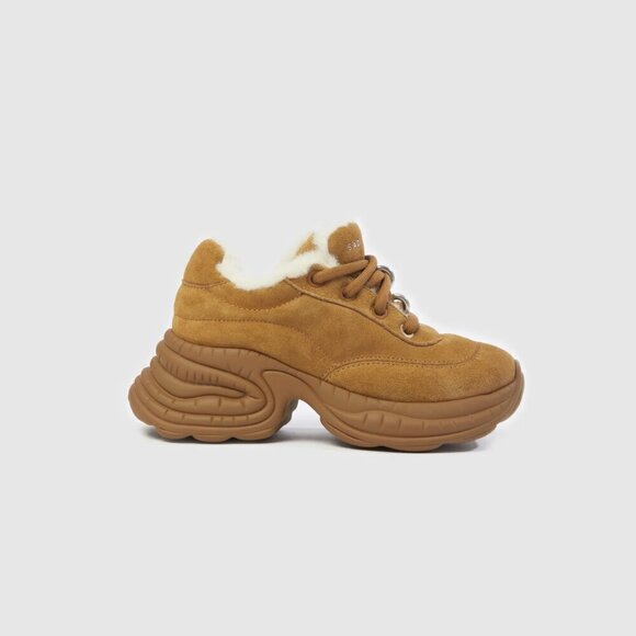 Sadi Studios POP Tan Faux Fur Suede Leather Sneakers Chunky Sole Women's Size 7 - Picture 1 of 13